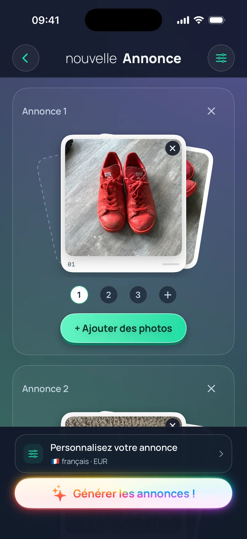 Création par lot avec les photos de baskets, d’une chemise en jean et d’une lampe regroupées par article