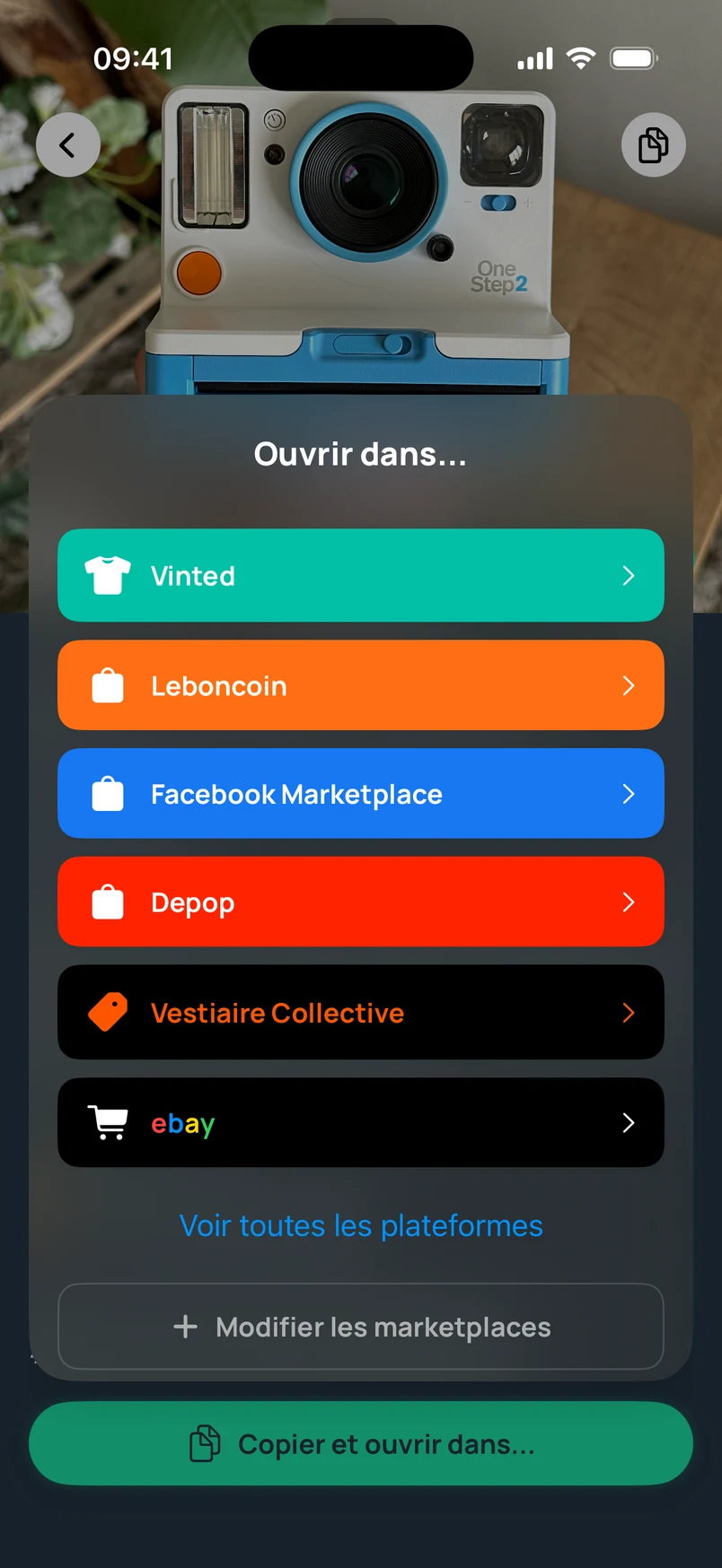 Menu Copier & Ouvrir avec les plateformes de vente