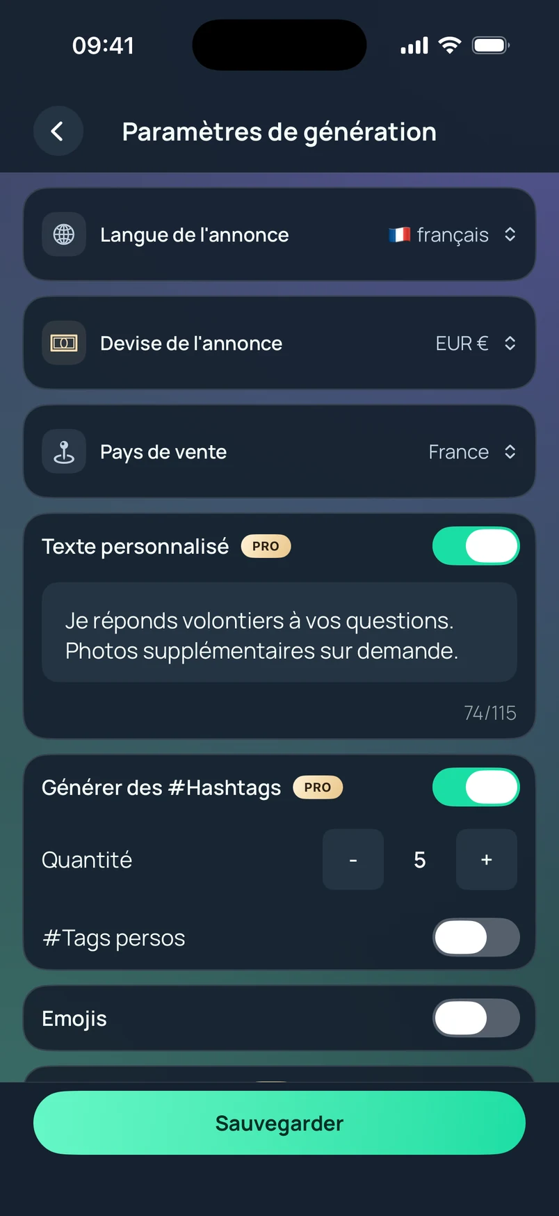 Préférences d’annonce : langue, devise, emojis, hashtags et texte enregistré