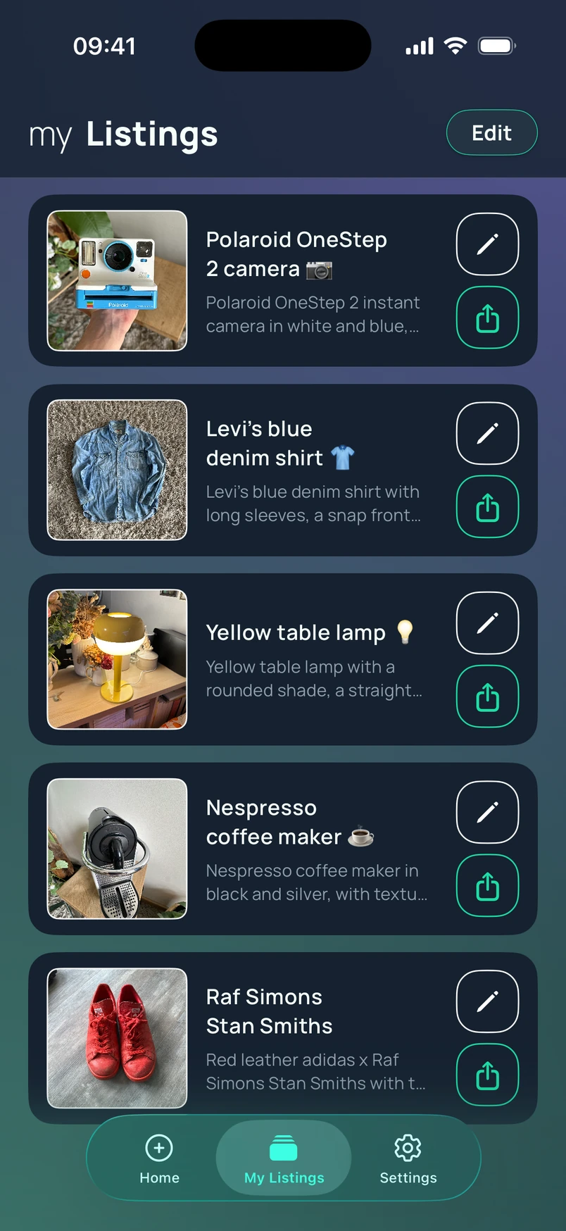 Saved listings for a Polaroid camera, denim shirt, lamp, coffee machine and trainers, with edit and share controls