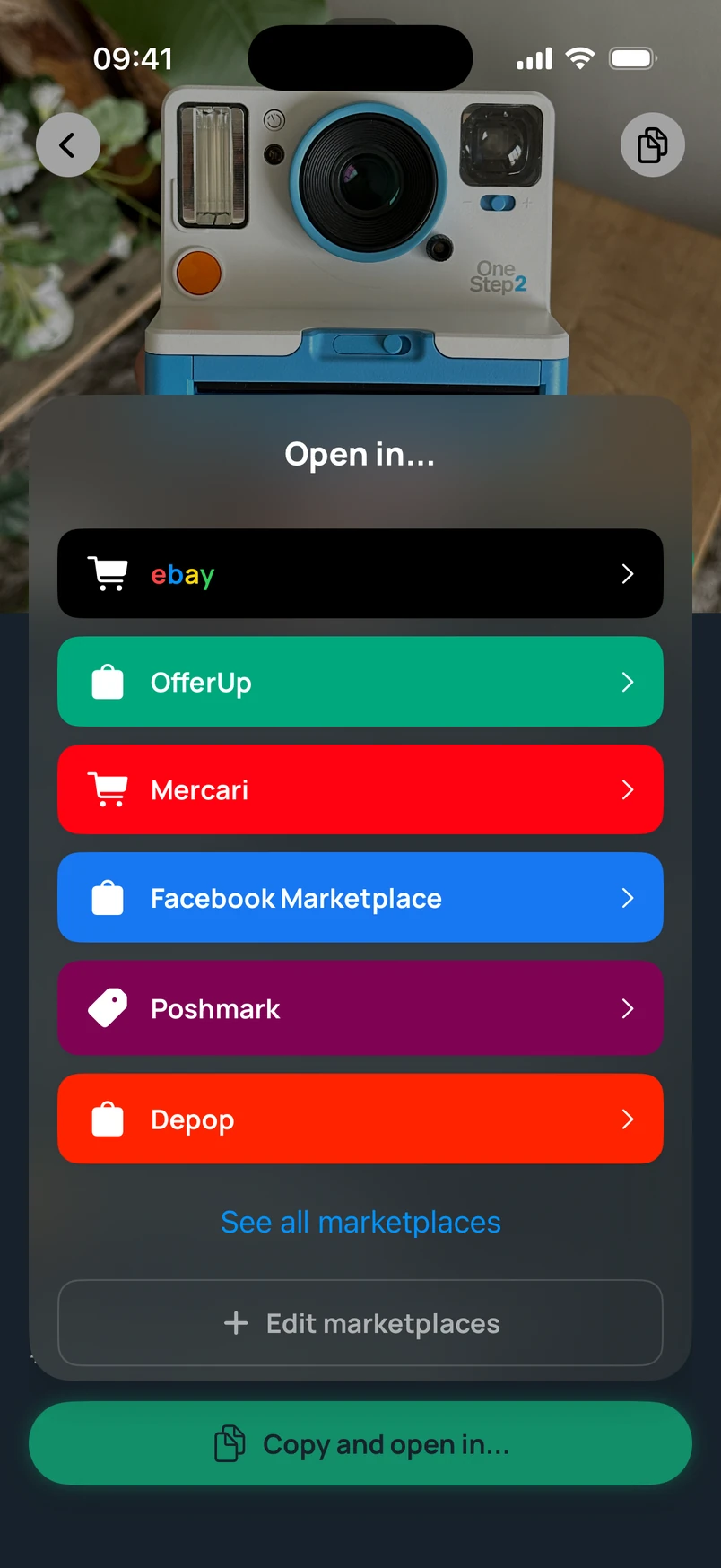 Copy and Open menu with marketplace options