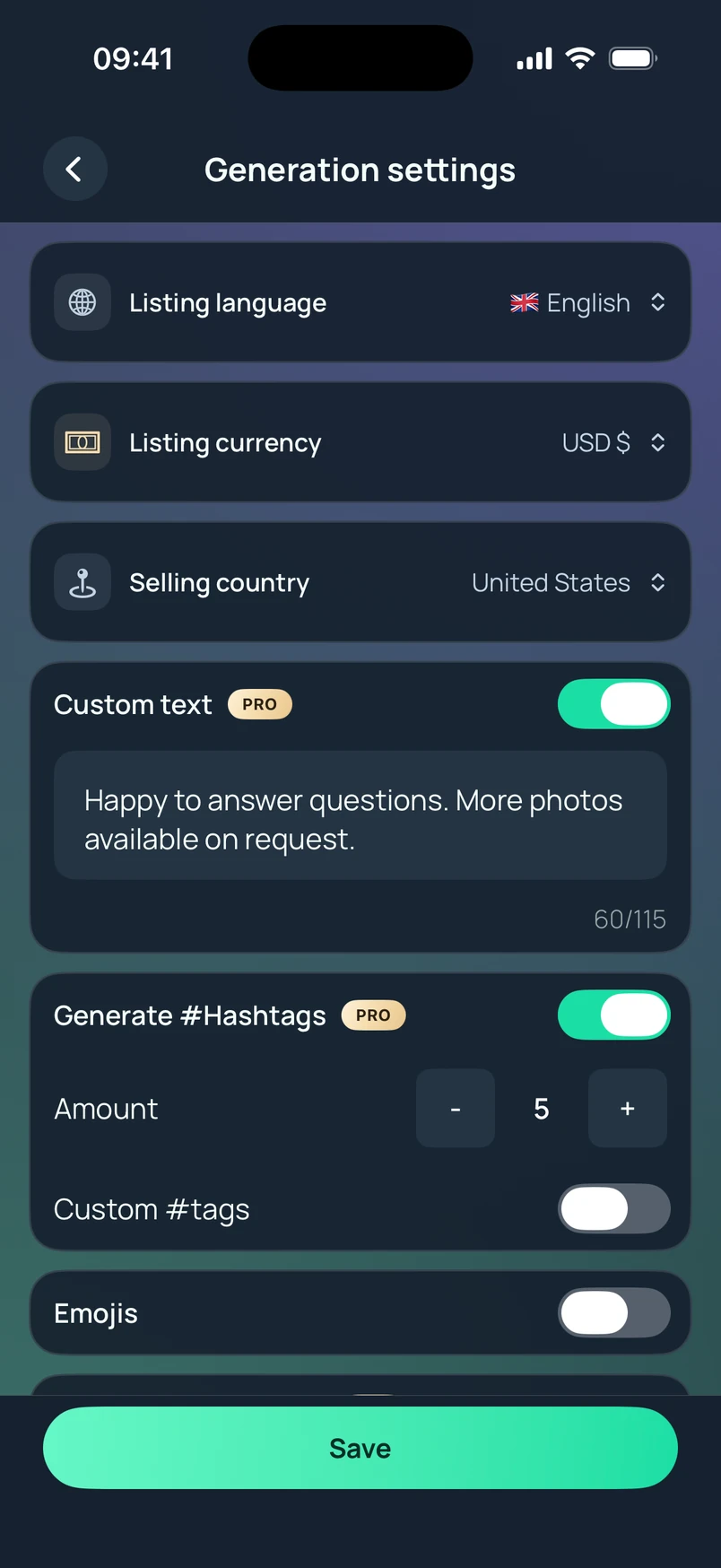 Listing preferences showing language, currency, emojis, hashtags and saved text controls